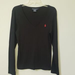Ralph Lauren Sport Shirt Womens sz L Long Sleeve Cotton V-neck Tee Black